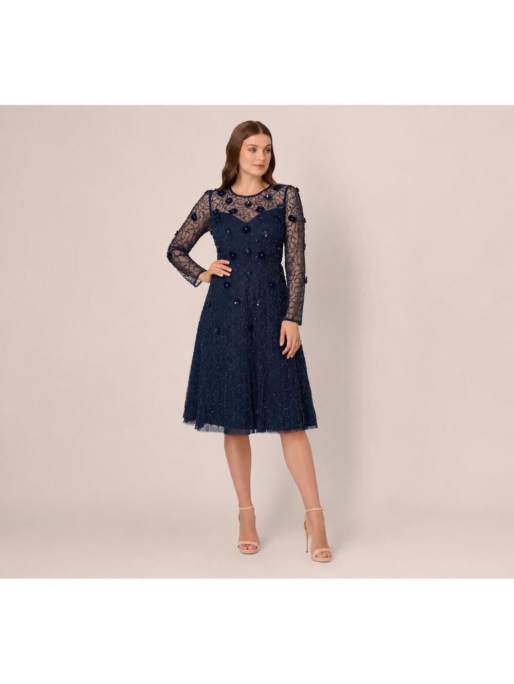 Adrianna Papell Long Sleeve Illusion 3D Floral Beaded Midi Dress Navy  sz 10